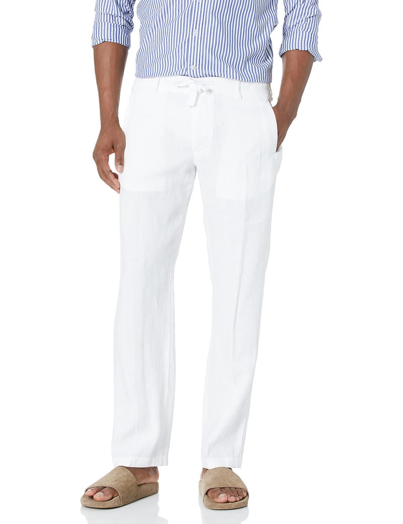 Perry Ellis Men's 100% Linen Drawstring Casual Pants For Men, Regular Fit, Lightweight (Waist Size 29-54 Big & Tall), Bright White, 33W x 32L - Image 1